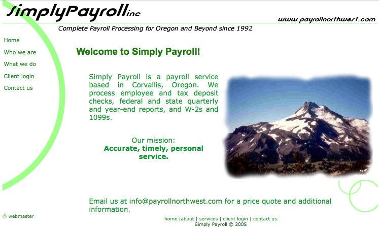 Home page screenshot for Simply Payroll's previous website