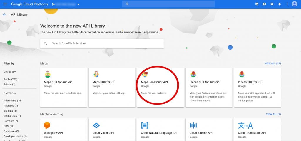 screenshot of Google Cloud Platform API library